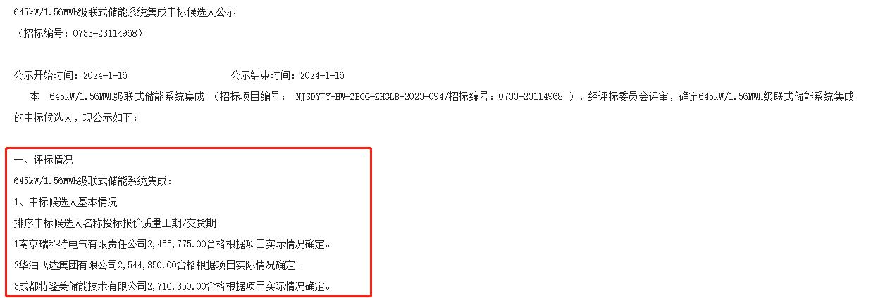 中国能建645kW156MWh级联式储能系统集成中标候选人公示