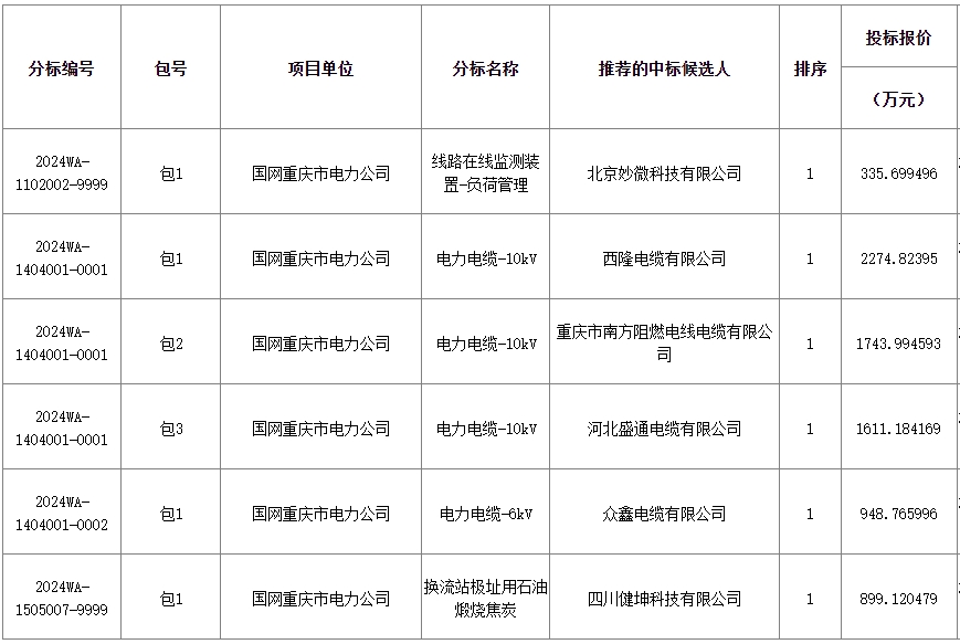 国网重庆电力2024年新增第一次物资公开招标中标候选人