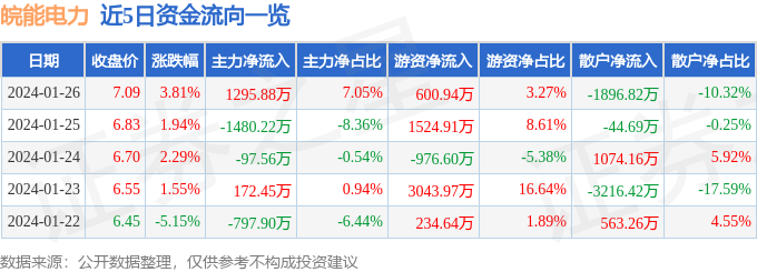 皖能电力(000543)1月26日主力资金净买入129588万元