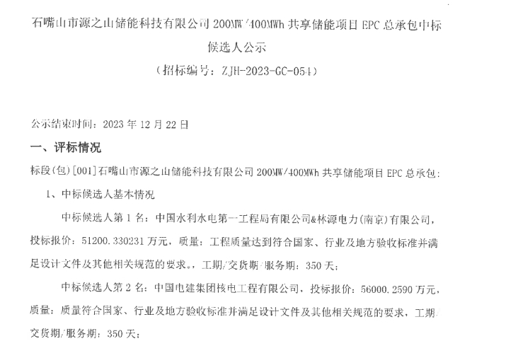 1280-1400元Wh！宁夏石嘴山200MW4MWh共享储能项目EPC总承包开标