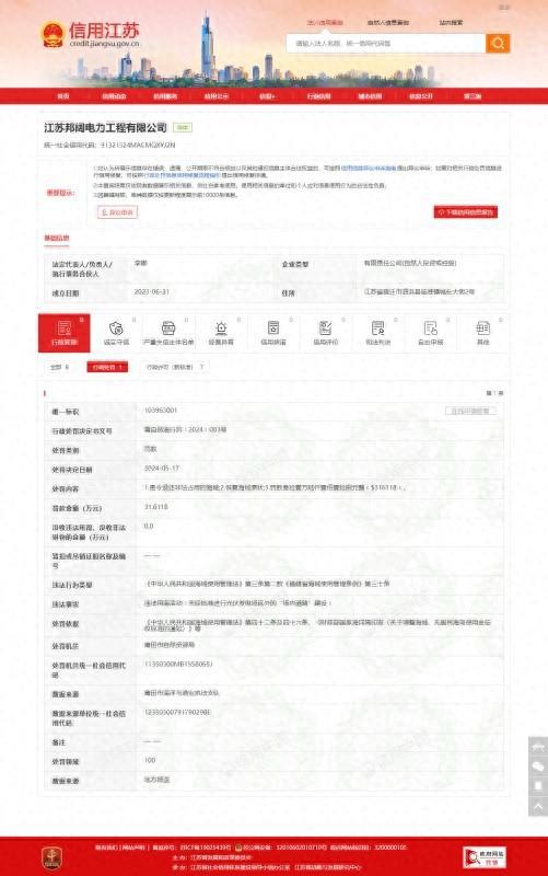 江苏邦阔电力工程有限公司违反《中华人民共和国海域使用管理法》被处罚