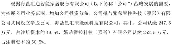 汇通股份拟投资2475万设立参股公司海盐星汇荣能源科技有限公司 持股495%